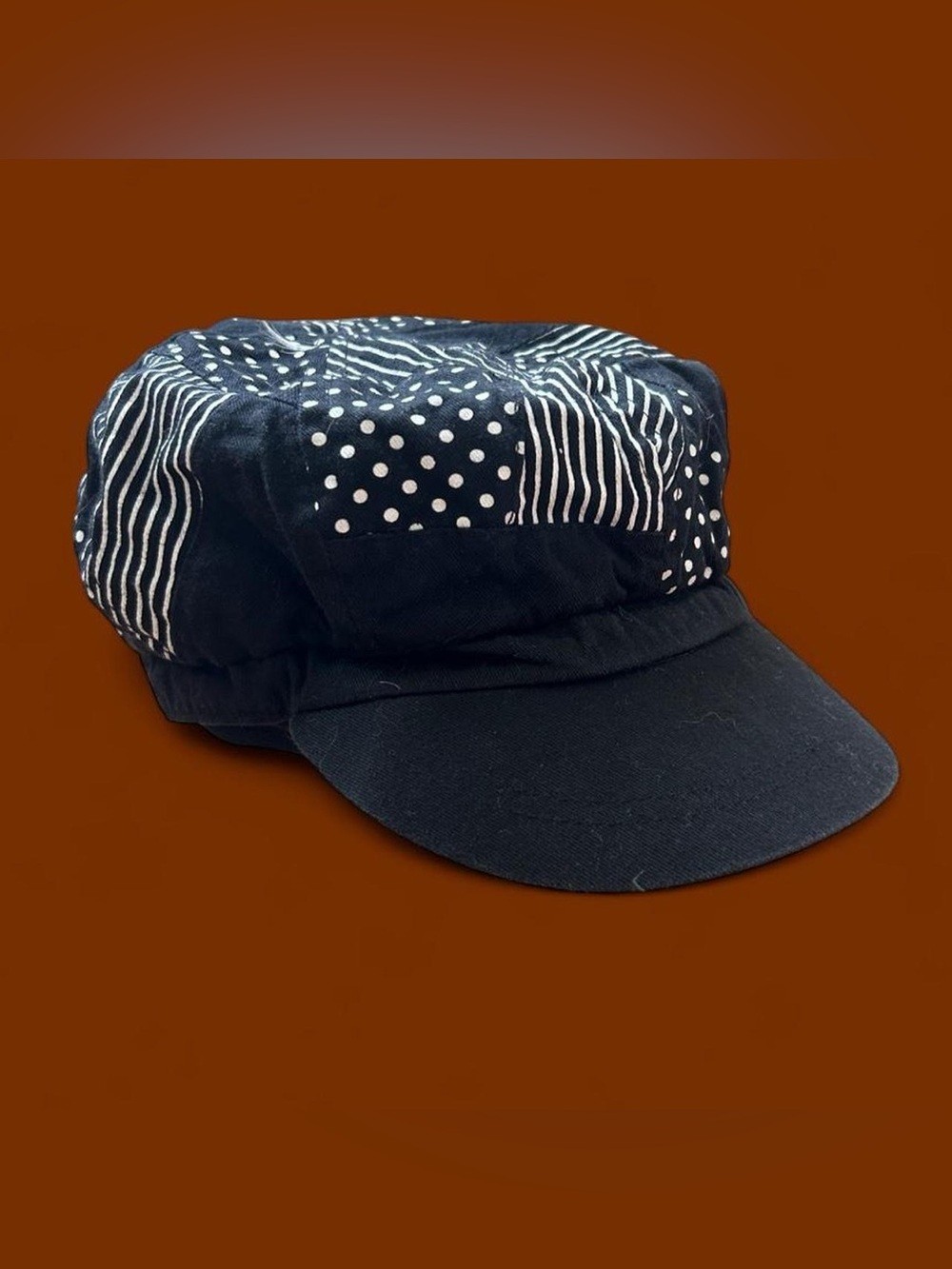 Black Patchwork Pattern Cadet Cap with Polka Dot & Stripe Accents